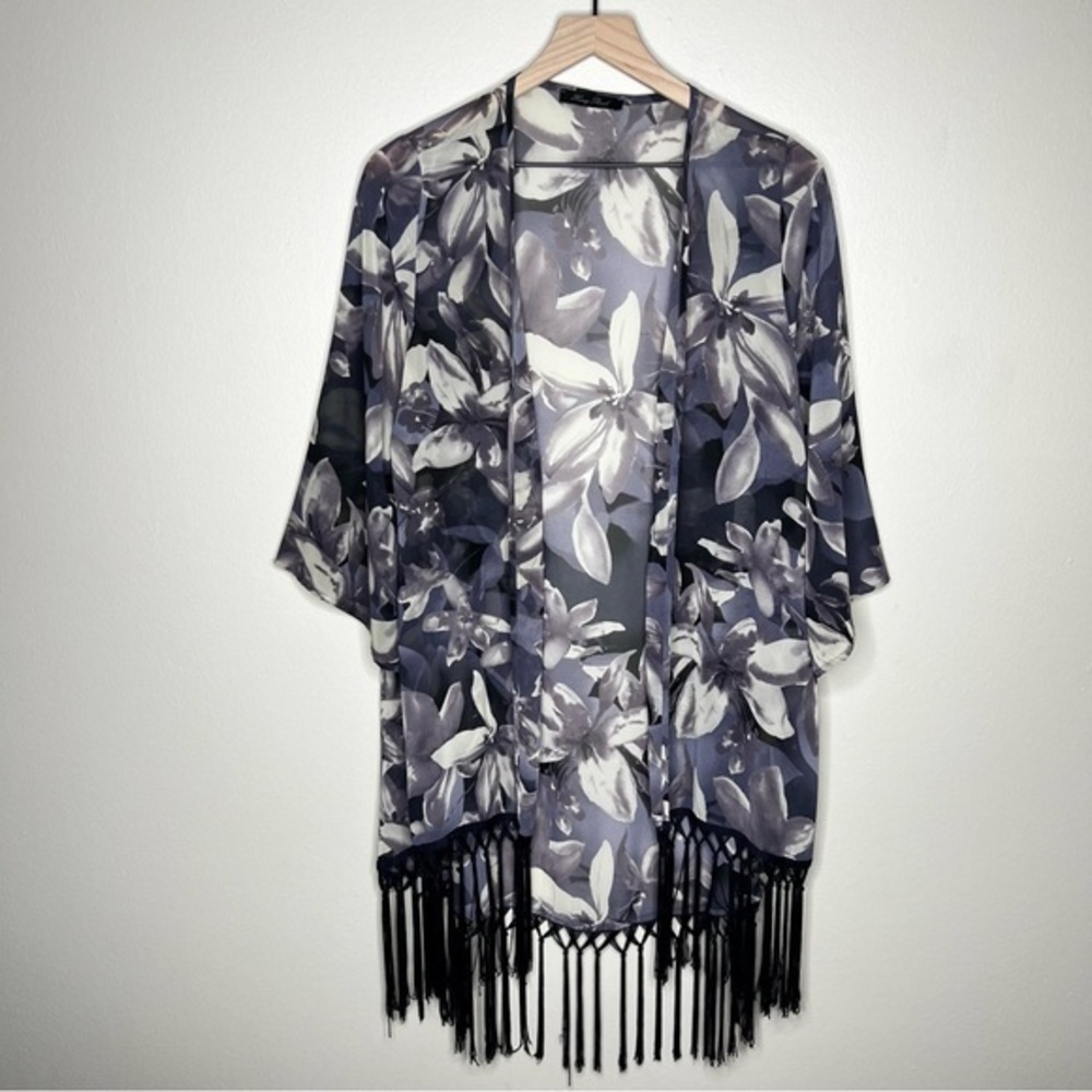 Honey Punch Sheer Dark Floral Whimsigoth Fringe Trim Kimono Cardigan